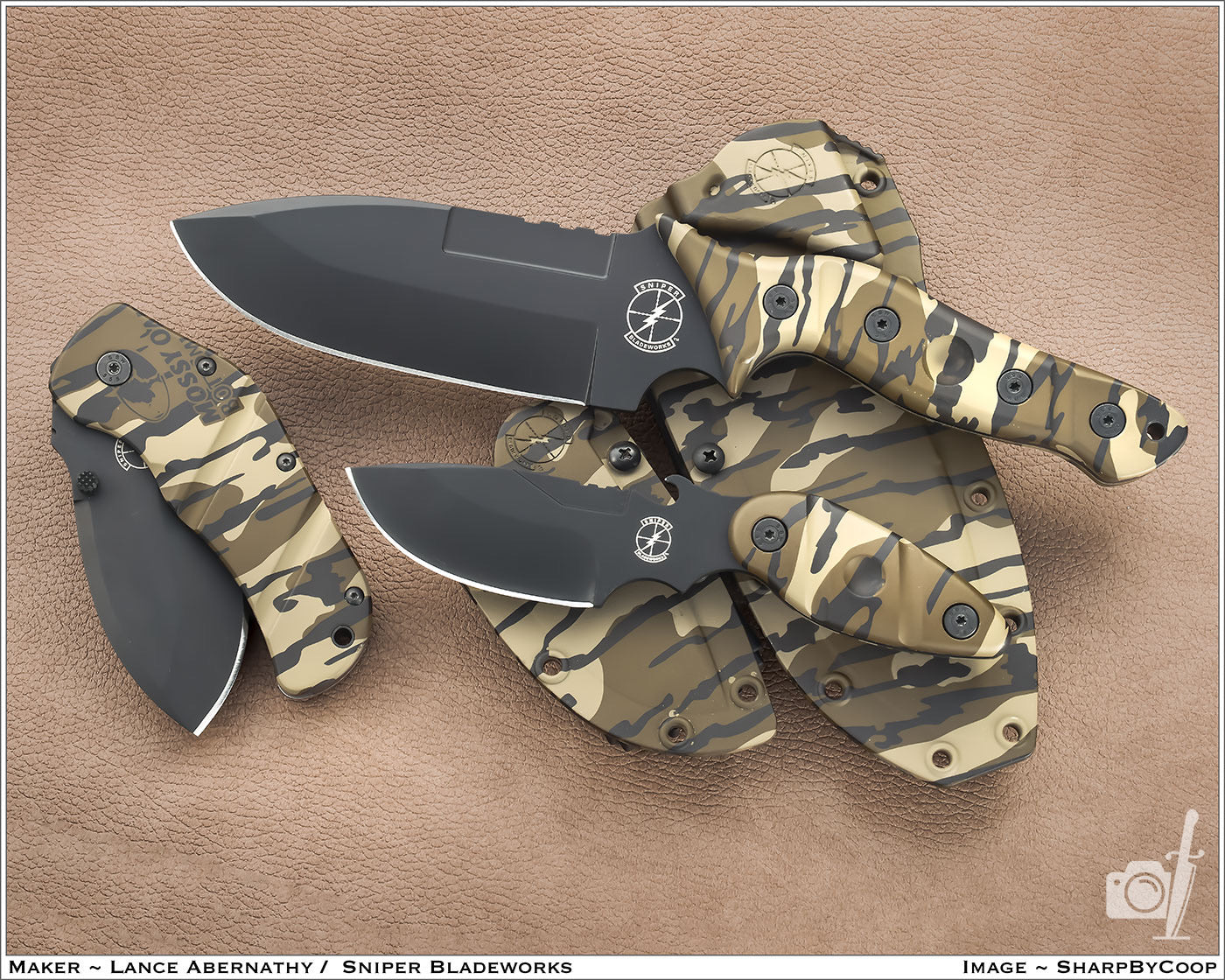 The Sniper Bladeworks × Mossy Oak Original Bottomland Collection — three knives
